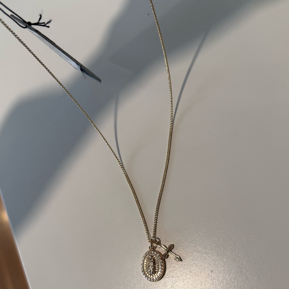 New With Tags! All Saints Gold Cross + Virgin Mary Medallion Adjustable Necklace - Picture 5 of 5